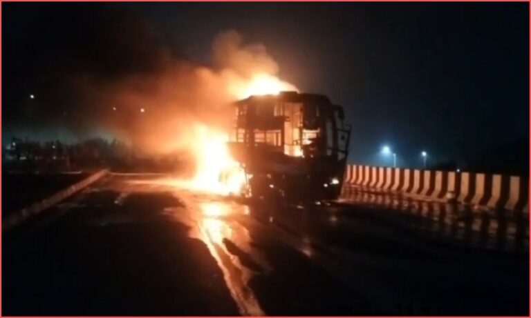 Travel bus fire near Kovvur bridge in East Godavari