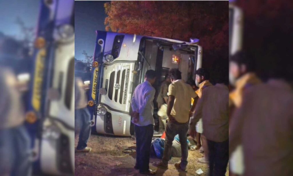 RTC bus overturns NH-44, 20 injured