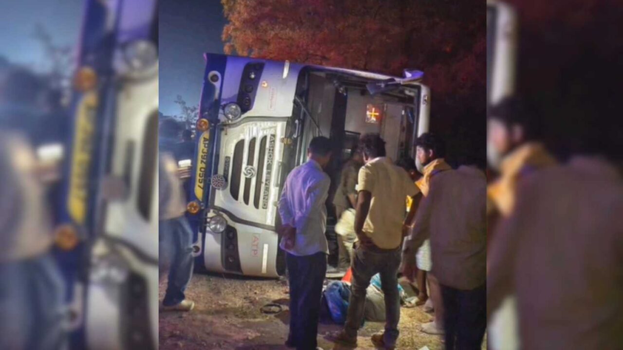 RTC bus overturns NH-44, 20 injured