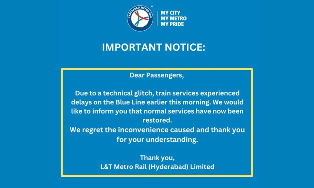 Hyderabad Metro Blue Line restored after glitch